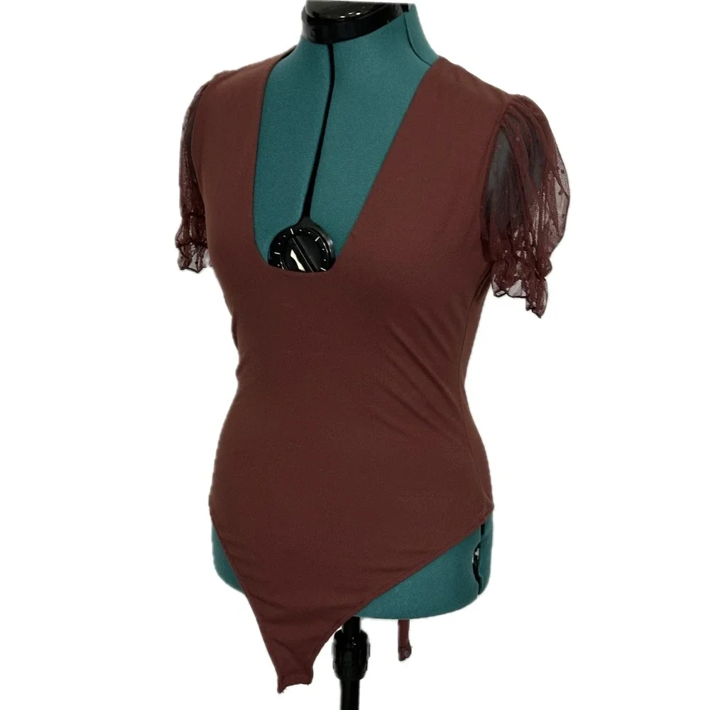 Intimately Free People Bare and Square Bodysuit Medium Puff Sleeve Deep V